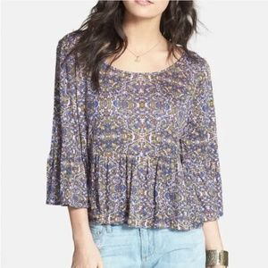 FREE PEOPLE Floral Bell Sleeve Cropped Ruffle Peplum Hem 3/4 Sleeve Blouse Small